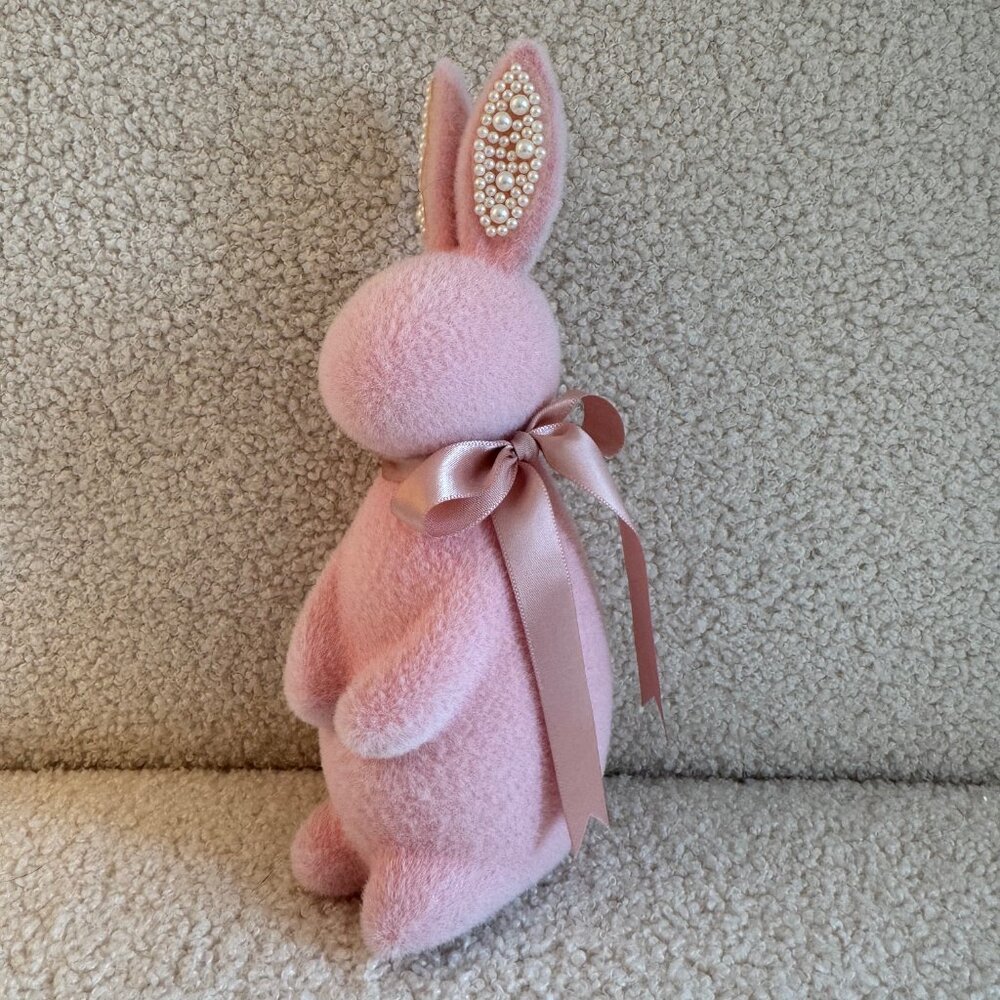 Velvety Pink Easter Bunny with Pearl Ears & Pink Bow